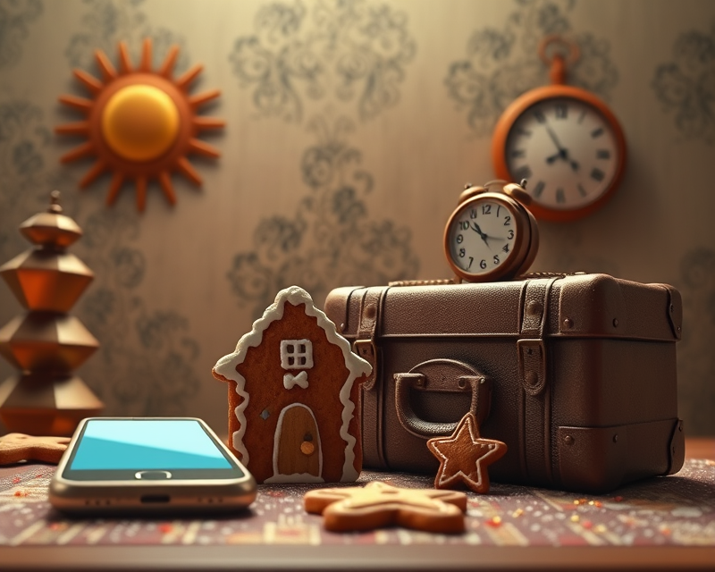 gingerbread, cell phone, sun, suitcase, clock